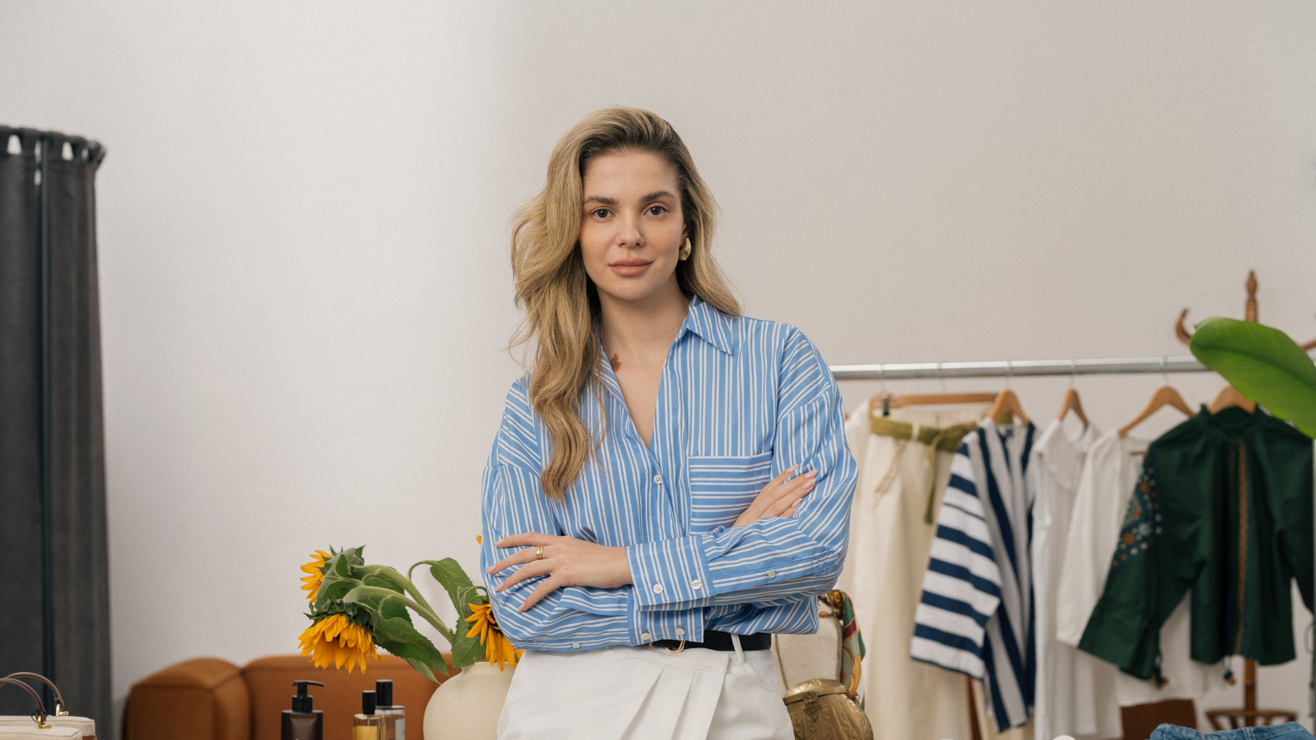 A business woman staring into the camera.