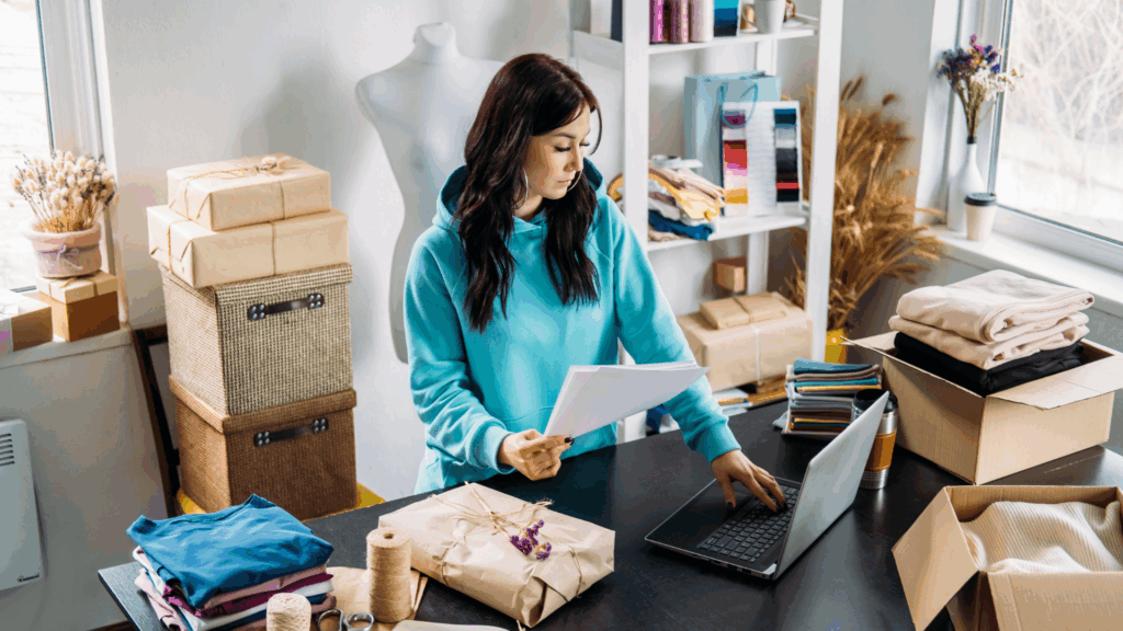 A young business woman tracking her marketing metrics on her computer.